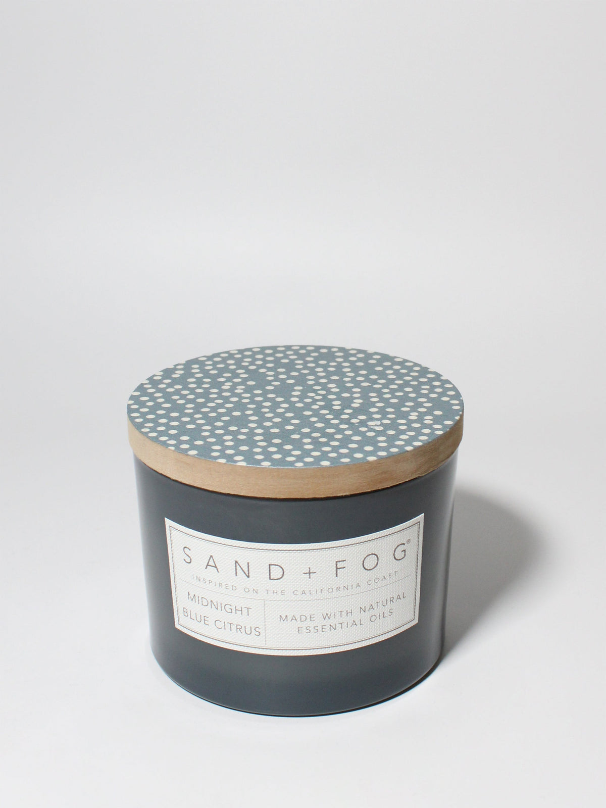 Midnight Blue Citrus 12 oz scented candle Blueish Gray vessel with Painted Dot lid
