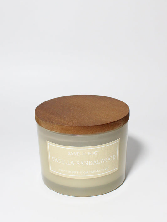 Vanilla Sandalwood 12 oz scented candle Flax vessel with wood lid